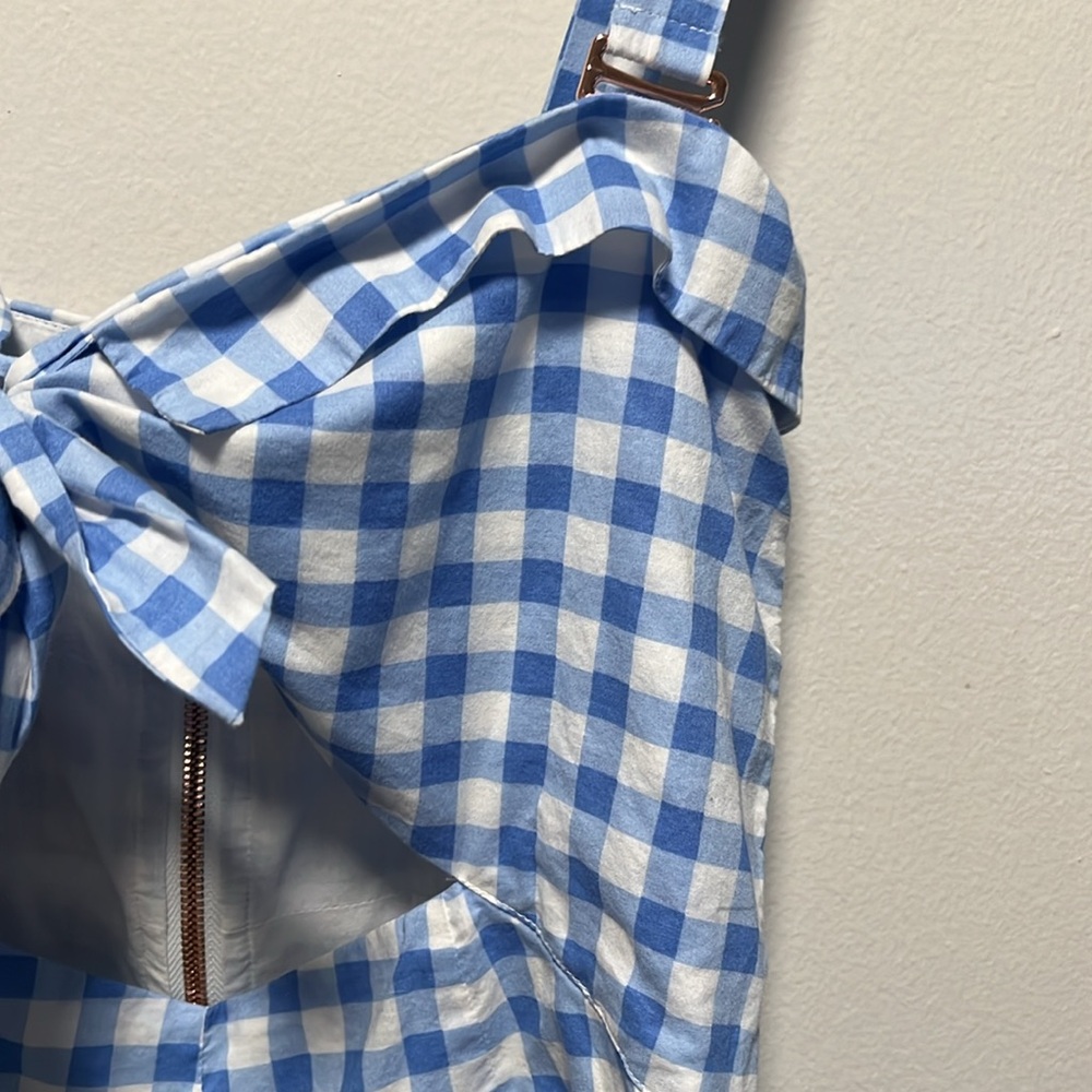 FOR LOVE AND LEMONS Gingham Blue Dixie Bow Romper, Size S - Picture 8 of 15